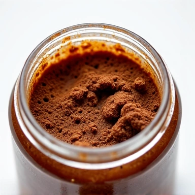 Exfoliating body scrub with natural ingredients like coffee grounds or sugar, in an open jar.