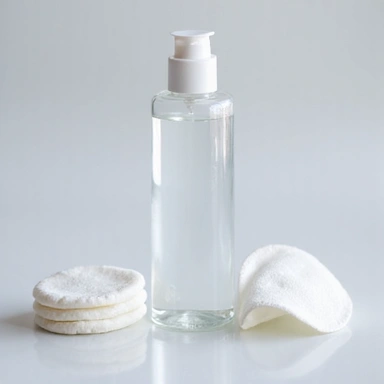 Micellar water in a tall, clear bottle, with cotton pads nearby.