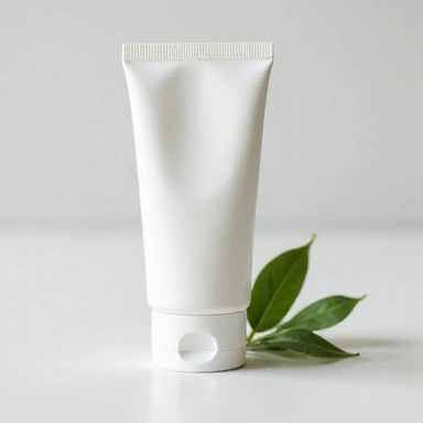 Moisturizing face cream in a minimalist white tube with a green leaf motif, suggesting natural ingredients.