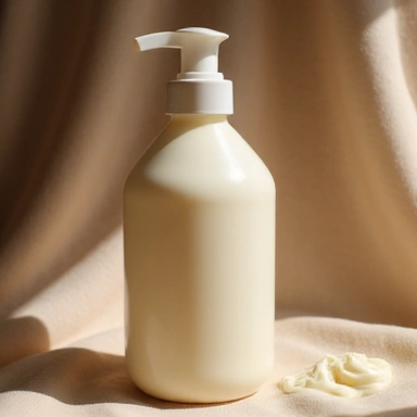 Rich body lotion in a large pump bottle, with a creamy texture visible.