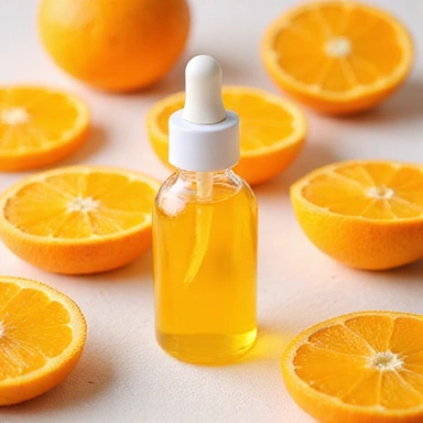 Small dropper bottle of Vitamin C serum with bright orange citrus slices around it.