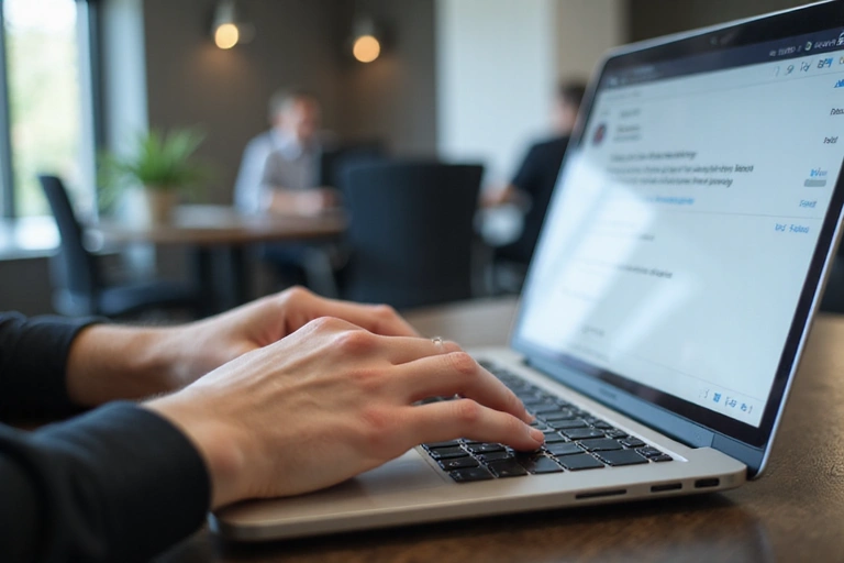 A person typing on a laptop with an open email client, symbolizing communication and feedback.